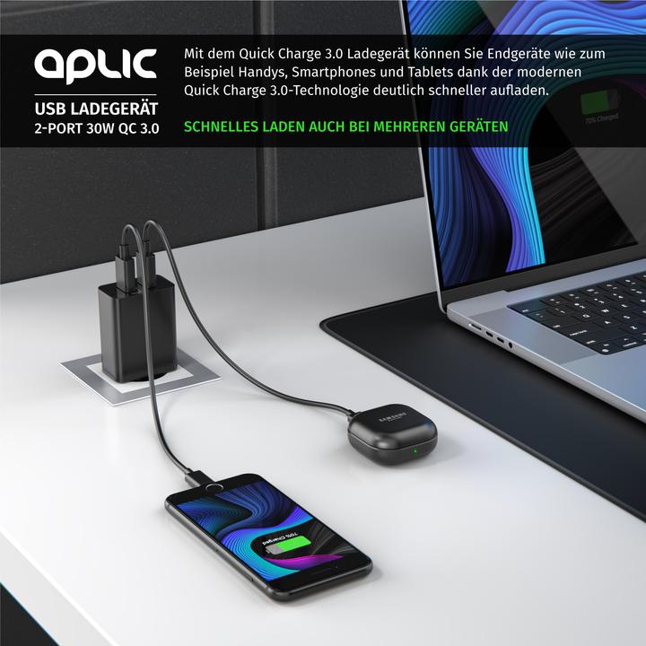 Actual product image Aplic USB charger 3000 mA, 2 port, 30W, Quick Charge 3.0 (QC 3.0) fast charging function, black (30 W)