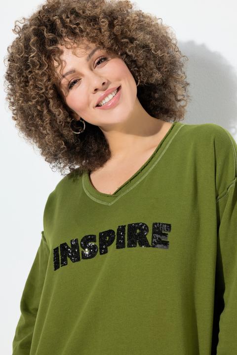 Produktbild Ulla Popken Sweatshirt, Pailletten-Schriftzug, V-Ausschnitt, Langarm (54)