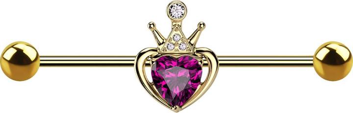Produktbild Star Piercing Barbell vergoldet mit zwei Kugeln Herzkrone Kristall rosa (Messing, Chirurgenstahl 316L)