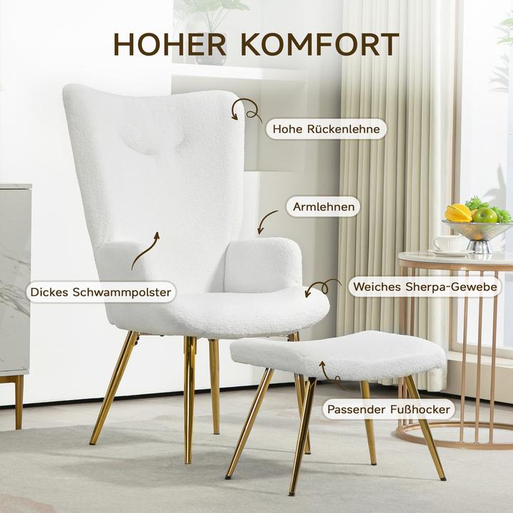 Produktbild Homcom Ohrensessel mit Hocker Polyester, Stahl Weiss