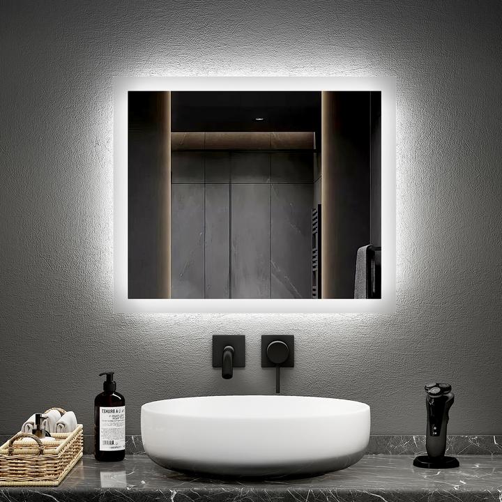 Produktbild Emke Badezimmerspiegel mit Beleuchtung 50*60cm,Beschlagfrei, 3000K/6500K,Tast Schalter (50 x 60 cm)