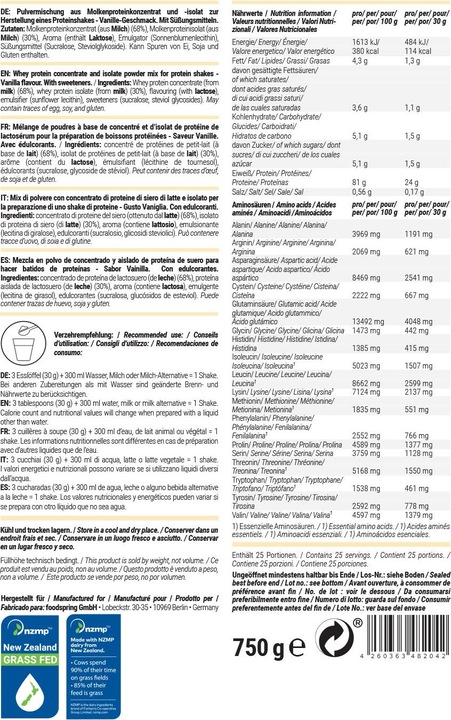 Valori nutrizionali e ingredienti Foodspring Proteine del siero di latte (Vaniglia, 1 pz., 750 g)