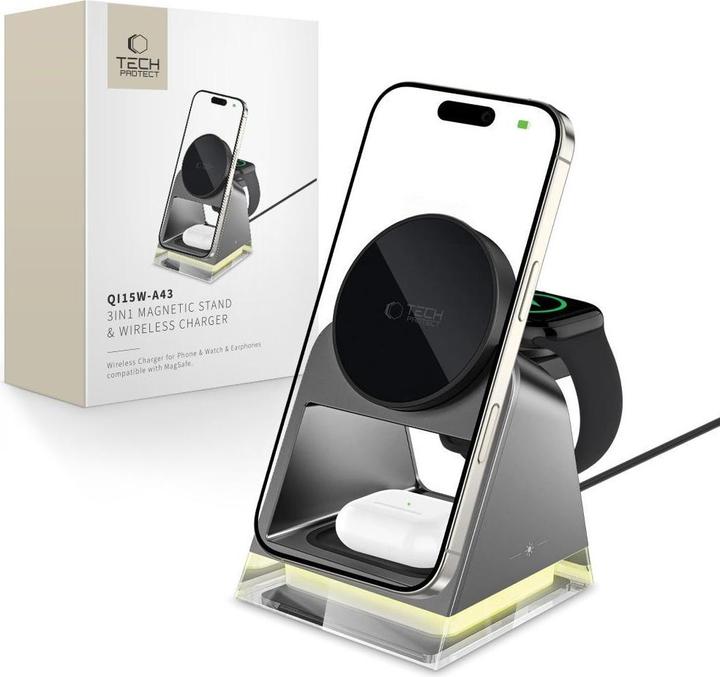 Image du produit Tech-Protect QI15W-A43 3in1 Wireless Charger with MagSafe for Apple Devices - Black (15 W)