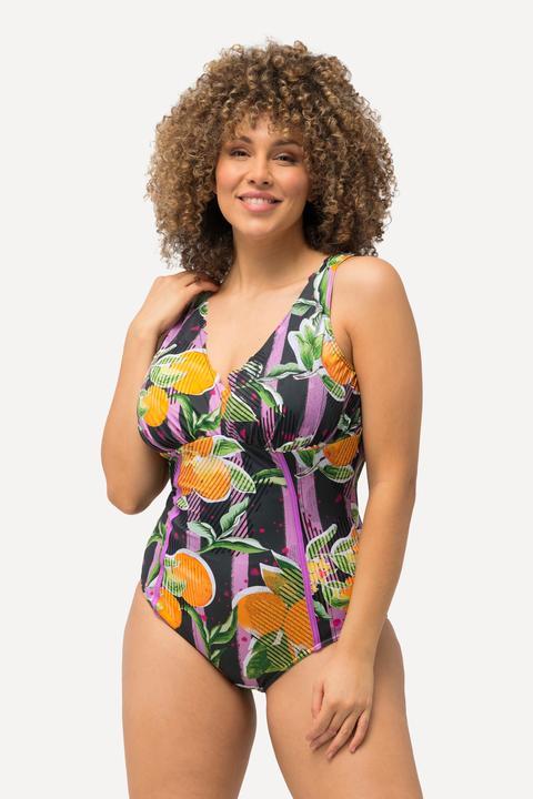 Image du produit Ulla Popken Maillot de bain avec bonnets souples, imprimé oranges et passepoils fluo (50)