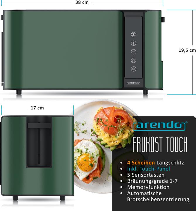Image du produit Arendo Toaster Wärmeisoliertes Doppelwandgehäuse, Touch-Display, 2 lange Schlitze, für 4 Scheiben, 1500 W