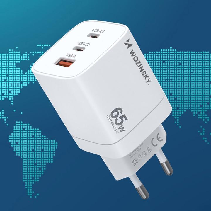 Actual product image Wozinsky CGWCW 65W USB-A / 2 x USB-C GaN wall charger - white (65 W)