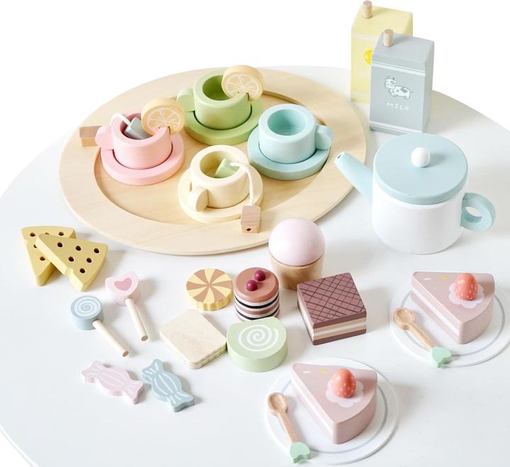 Activity Board Servizio da tè in legno per bambini con dessert, set da tè in legno per feste, accessori da cucina