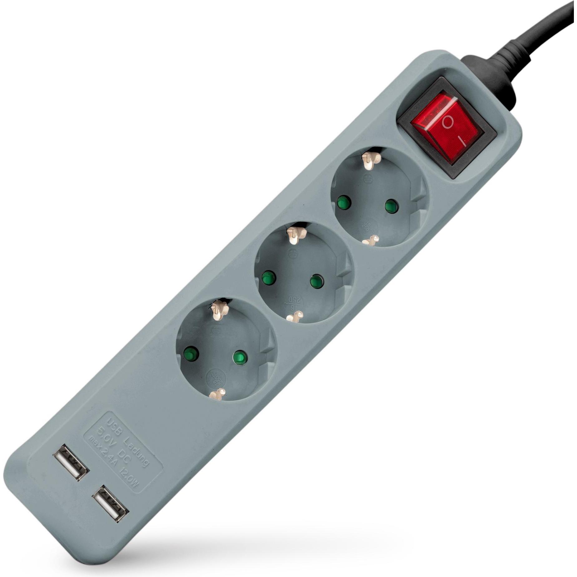 Entac, Ciabatta multipresa, Steckdosenleiste 3fach 2x USB-A, 1,5m grau (3x, USB-A, 1.50 m)