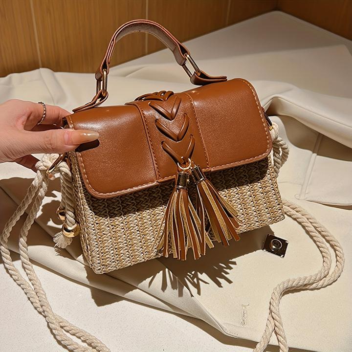 Image du produit Only-Bags.Store Sac à main en paille tressée avec décor de houppes, mini sac de plage à bandoulière, poignée en