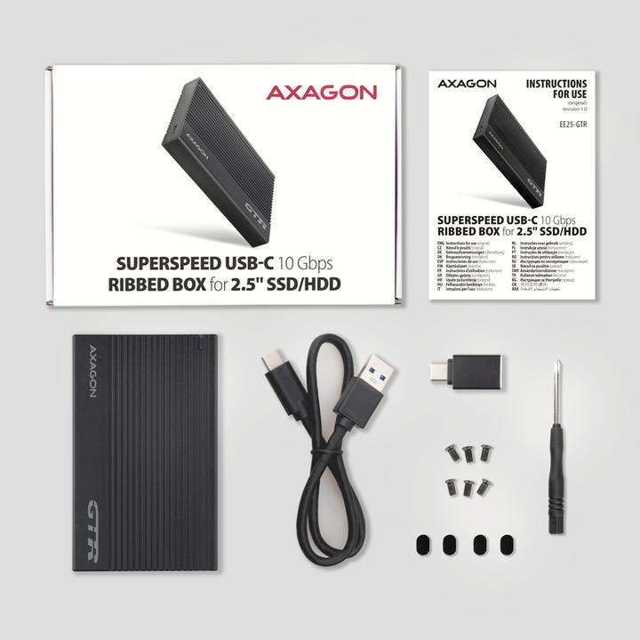 Produktbild Axagon EE25-GTR USB-C 3.2 Gen 2 - SATA 6G, 2.5" externes Festplattengehäuse, geriffelt - schwarz (2.5")