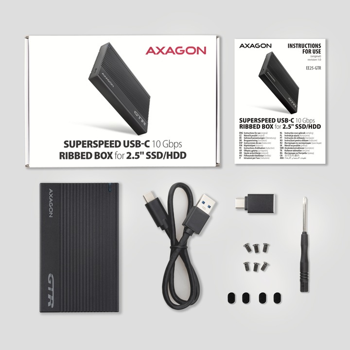 Actual product image Axagon EE25-GTR USB-C 3.2 Gen 2 - SATA 6G, 2.5" external hard drive enclosure, corrugated - black (2.5")