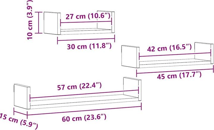 Produktbild VidaXL Wandregale (60 x 15 x 10 cm, 45 x 15 x 10 cm, 30 x 15 x 10 cm)