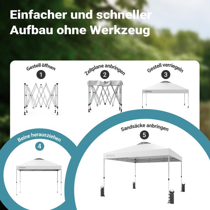 Produktbild Wiltec Pop up Pavillon 3x3m weiss Räder Gartenpavillon Faltpavillon Camping Party (300 cm, 300 cm)