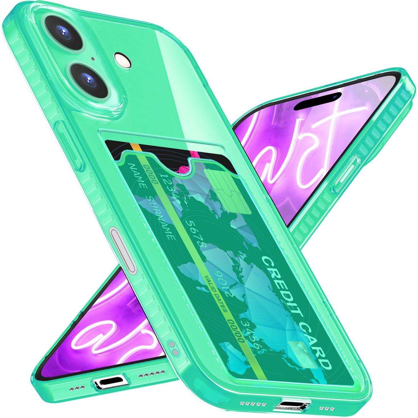Nalia Klar Transparente Neon Silikon Hülle Kartenhalter (Apple iPhone 16), Smartphone Hülle, Türkis