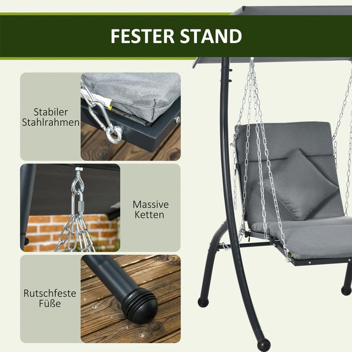 Immagine prodotto Swisshandel24 Hollywoodschaukel mit Kissen & verstellbarem Sonnendach, Dunkelgrau