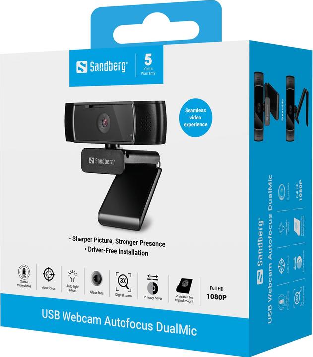 Actual product image Sandberg USB Autofocus DualMic Webcam 2.07 MP 1920 x 1080 Pixel USB 2.0 Black (2.10 Mpx)