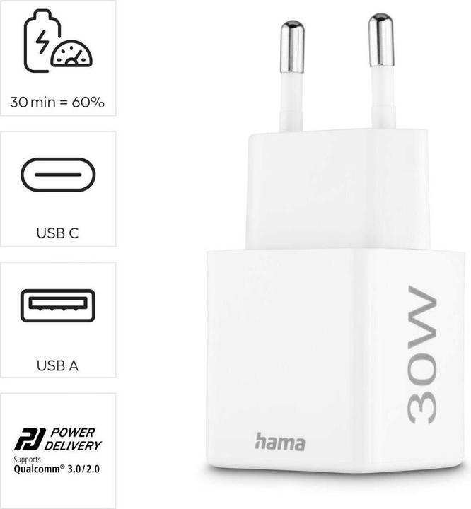 Produktbild Hama Schnellladegerät, 1x USB-C PD, 1x USB-A QC, Mini-Ladegerät, 30 W, Weiss (30 W, 2 Ports)
