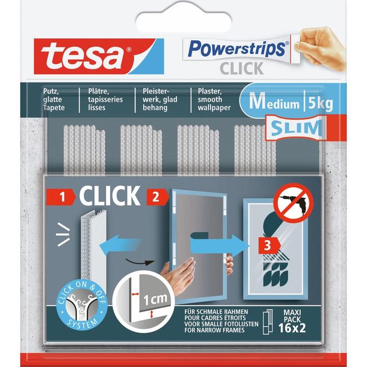 Immagine prodotto tesa Powerstrips CLICK - Klett-Klebepads - Bilder aufhängen ohne Bohren - Slim - 16x 2 Stück (10 mm, 5 kg)