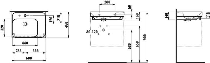Produktbild Laufen MEDA lavabo, encastrable, tablette à droite, 600x460mm, 3 trous pour robinet, sans trop-plein (460 mm, 600 mm)