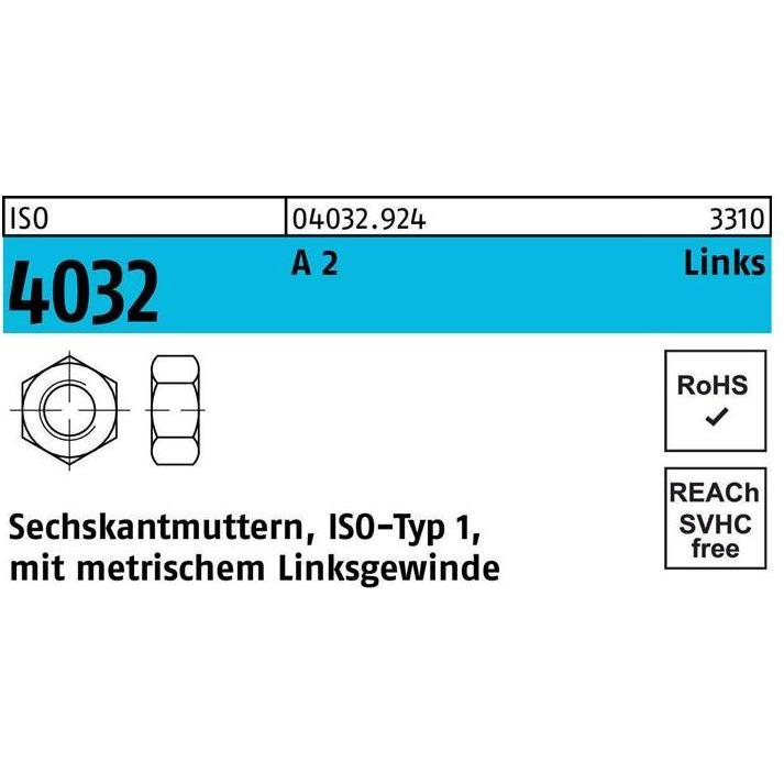 Bufab, Muttern + Unterlegscheiben, Sechskantmutter ISO 4032 links M 6 A 2 (- 70) (M6)