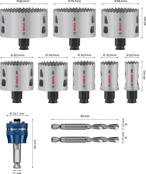 Produktbild Bosch Professional Zubehör PRO Multi Material PC Plus Lochsägen-Set, 11-tlg. (25, 32, 54, 60, 68, 76, 86 mm, 40 Millimeter)