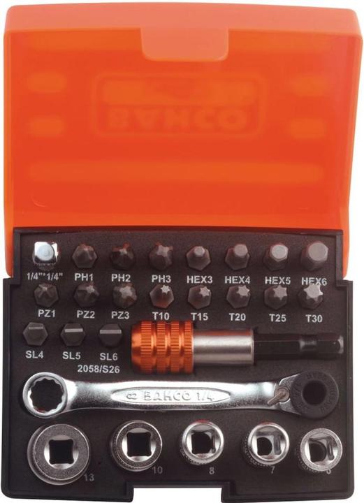Actual product image Bahco Bit socket spanner set with 1/4" bit ratchet and adapter for slotted/Phillips/Pozidriv/TORX/Sechsk
