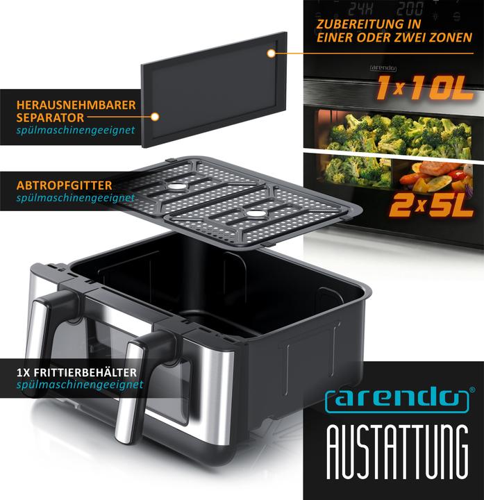 Produktbild Arendo Heissluftfritteuse XXL mit Sichtfenster, 2400 W, Vorheizen & Wenden, inkl Zubehör, Grill/Dörren