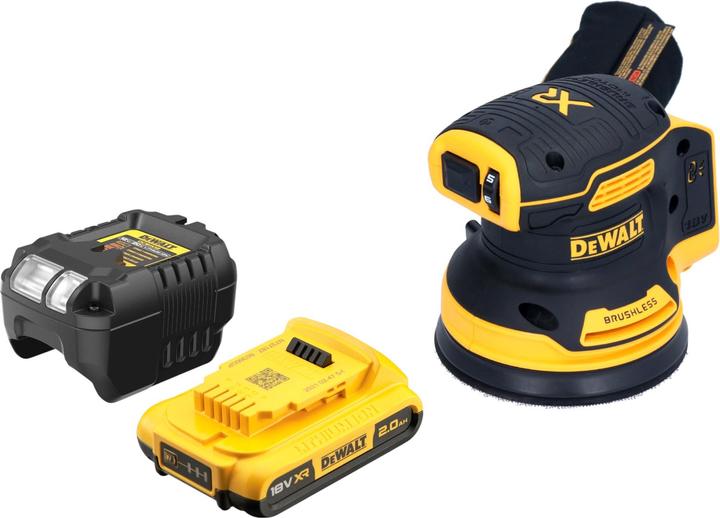 1x levigatrice rotorbitale a batteria DeWalt DCW 210, 1x batteria DeWalt DCB 183 18 V 2.0 Ah, 1x caricabatteria DeWalt DCB 1102
