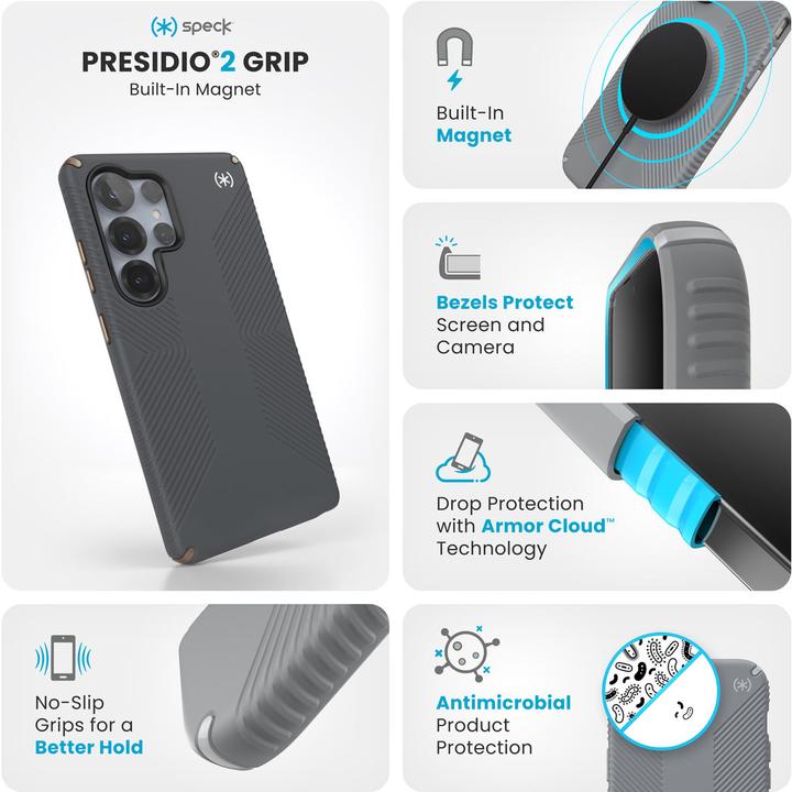 Produktbild speck Presidio2 Grip + Magnet Samsung Galaxy S25 Ultra Charcoal Grey - with Microban (Samsung Galaxy S25 Ultra)