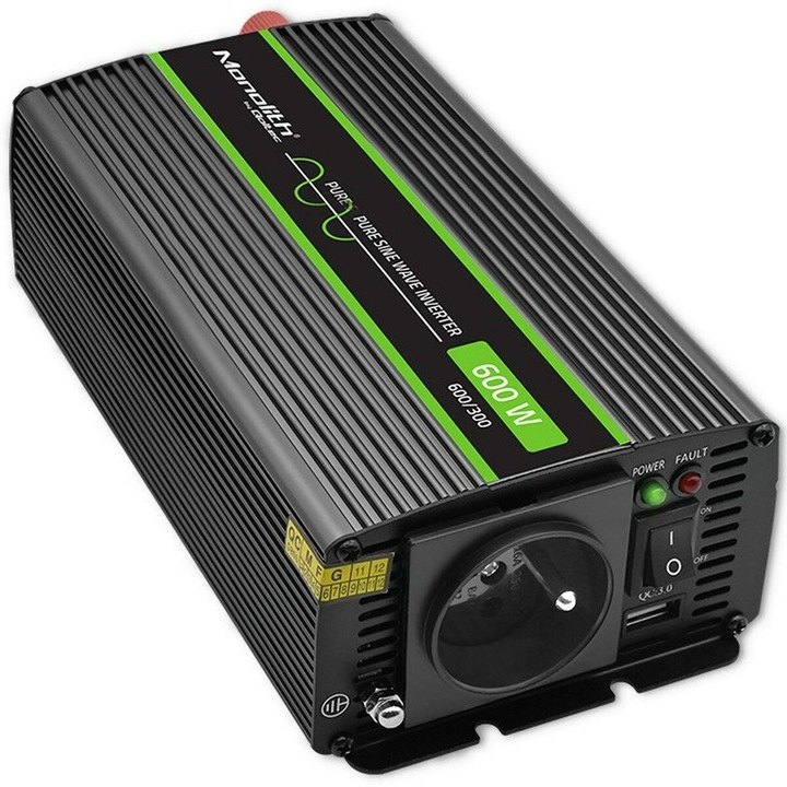 Actual product image Qoltec 51925 Monolith voltage converter 1200 MS Wave |12V to 230V | 600/1200W | USB