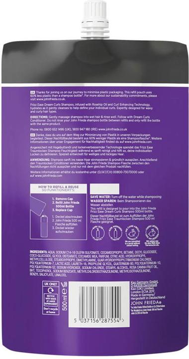Image du produit John Frieda Recharge de shampooing Frizz Ease Traumlocken (500 ml, Shampoing liquide)
