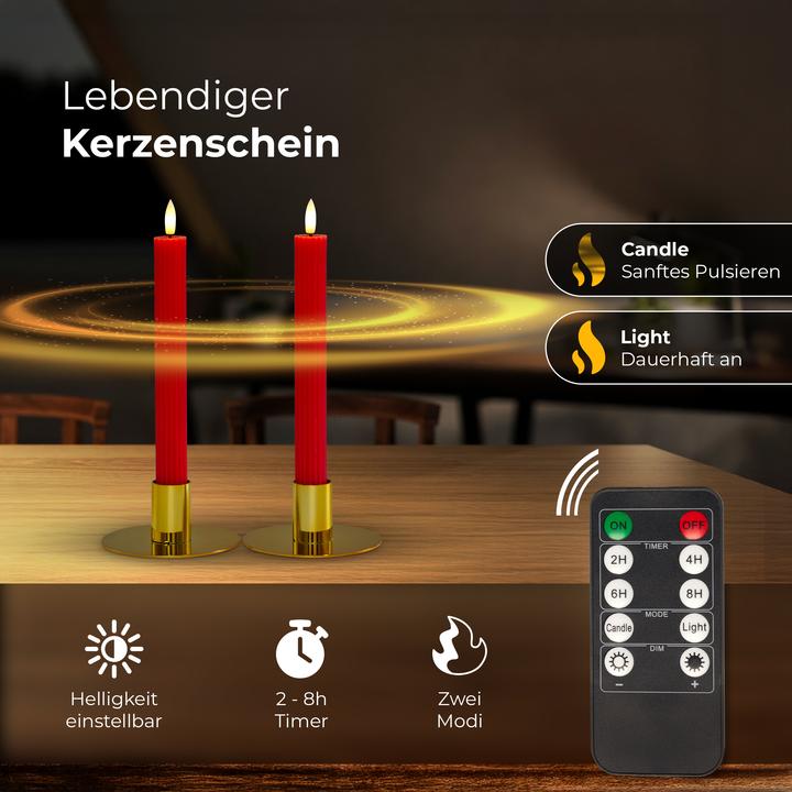 Actual product image Novaliv Stabkerzen LED mit Timer ROT 2er indoor mit 6 Stunden Timer - ECHTWACHS gerippt 23cm Höhe für Kerzen (2 x)
