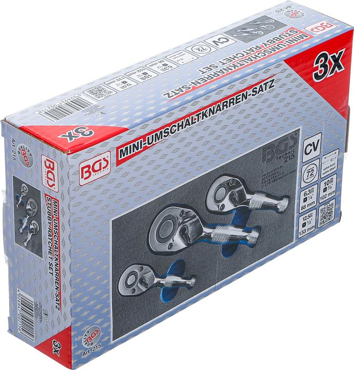 Produktbild BGS Mini-Umschaltknarren-Satz 6,3 mm (1/4") / 10 mm (3/8") / 12,5 mm (1/2") 3-tlg. (1/2", 1/4", 3/8")