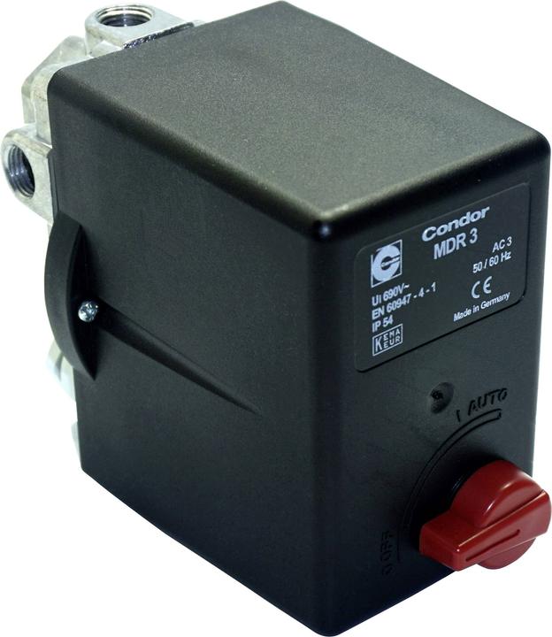 Incl. Rilsan valve, Condor switch for compressor made in Germany, 400 V- 50 Hz, Switch-off pressure is adjustable, 3 further outlets with 1/4 inch female thread, Connection 3/8 inch IG, Type: MDR- 3 EA- 11, Pressure max. 12 bar