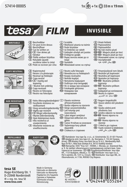 Produktbild tesa 1x tesafilm INVISIBLE mit Handabroller, matt-unsichtbar, alterungsbeständig und reissfest