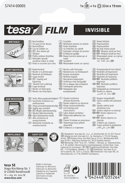 Actual product image tesa 1x tesafilm INVISIBLE with hand dispenser, matt-invisible, age-resistant and tear-resistant