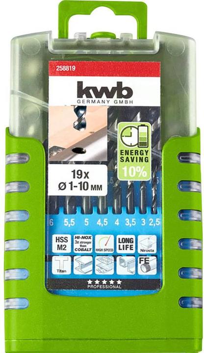 Actual product image kwb HI-NOX HSS drill set 19 pieces (1 mm, 1.5 mm, 2 mm, 2.5 mm, 3 mm, 3.5 mm, 4 mm, 4.5 mm, 5 mm, 5.5 mm, 6 mm, 6.5 mm, 7 mm, 7.5 mm, 8 mm, 8.5 mm, 9 mm, 9.5 mm, 10 mm)