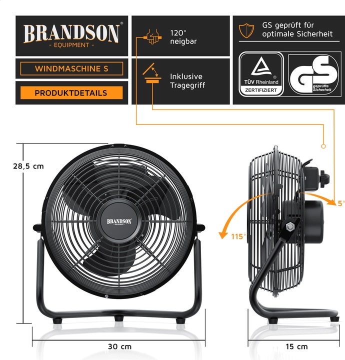 Produktbild Brandson Windmaschine 23,5cm Ø, Bodenventilator, Metall, neigbarerer Ventilator-Kopf, Lüfter, schwarz (55 dB)