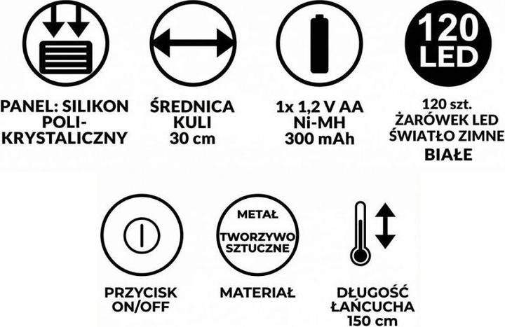 Image du produit Saska Garden Lampa Solarna Wisząca Kula 30cm 120 LED Zimny Biały (IP44)