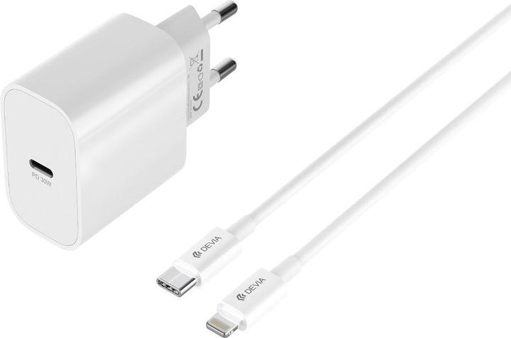 Actual product image Devia wall charger Smart PD GaN 30W 1x USB-C white + cable USB-C - Lightning (30 W, 1 portion)