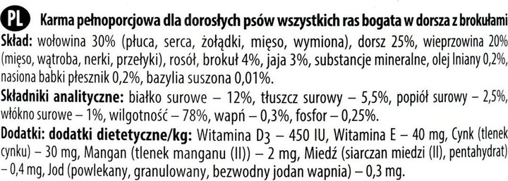 Valori nutrizionali e ingredienti Dolina noteci Premium Ricco di Merluzzo e Broccoli - Cibo umido per cani - 800 g (Adulto, 1 pz., 800 g)