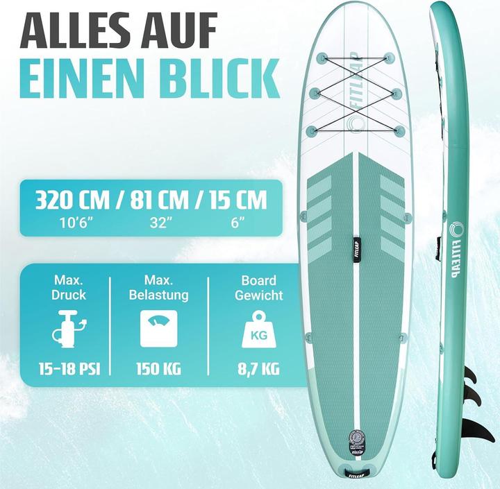 Produktbild Fitleap Premium Stand Up Paddle Board aufblasbar - SUP Board Set mit Hochdruckpumpe, verstellbar… (10'5")