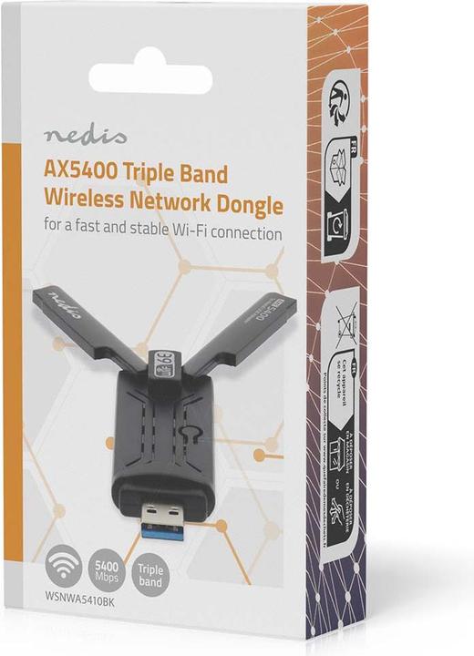 Produktbild Nedis Netzwerk-Dongle | Wi-Fi | AX5400 | 2.4/5/6 GHz (Triple Band) | USB3.0 | Wi-Fi speed total: 540 (USB 3.0)