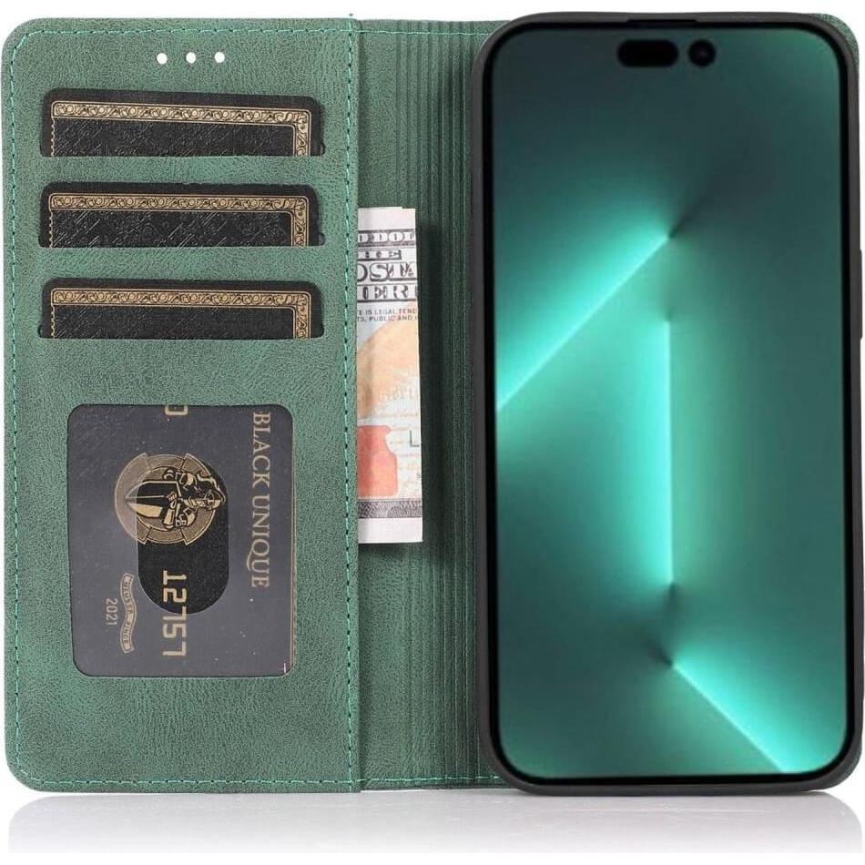 Thumbnail - Cover-Discount iPhone 15 Pro - Vintage Flip Case Hülle grün (Apple iPhone 15 Pro), Smartphone Hülle, Grün