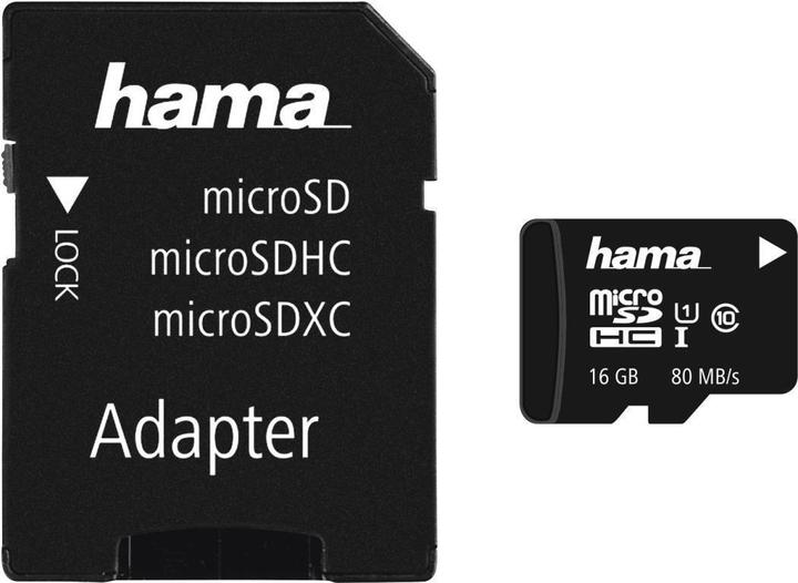 Hama microSDHC 16GB klasse 10 UHS-I 80MB/s + adapter/foto (16 GB, microSDHC, U1, UHS-I)