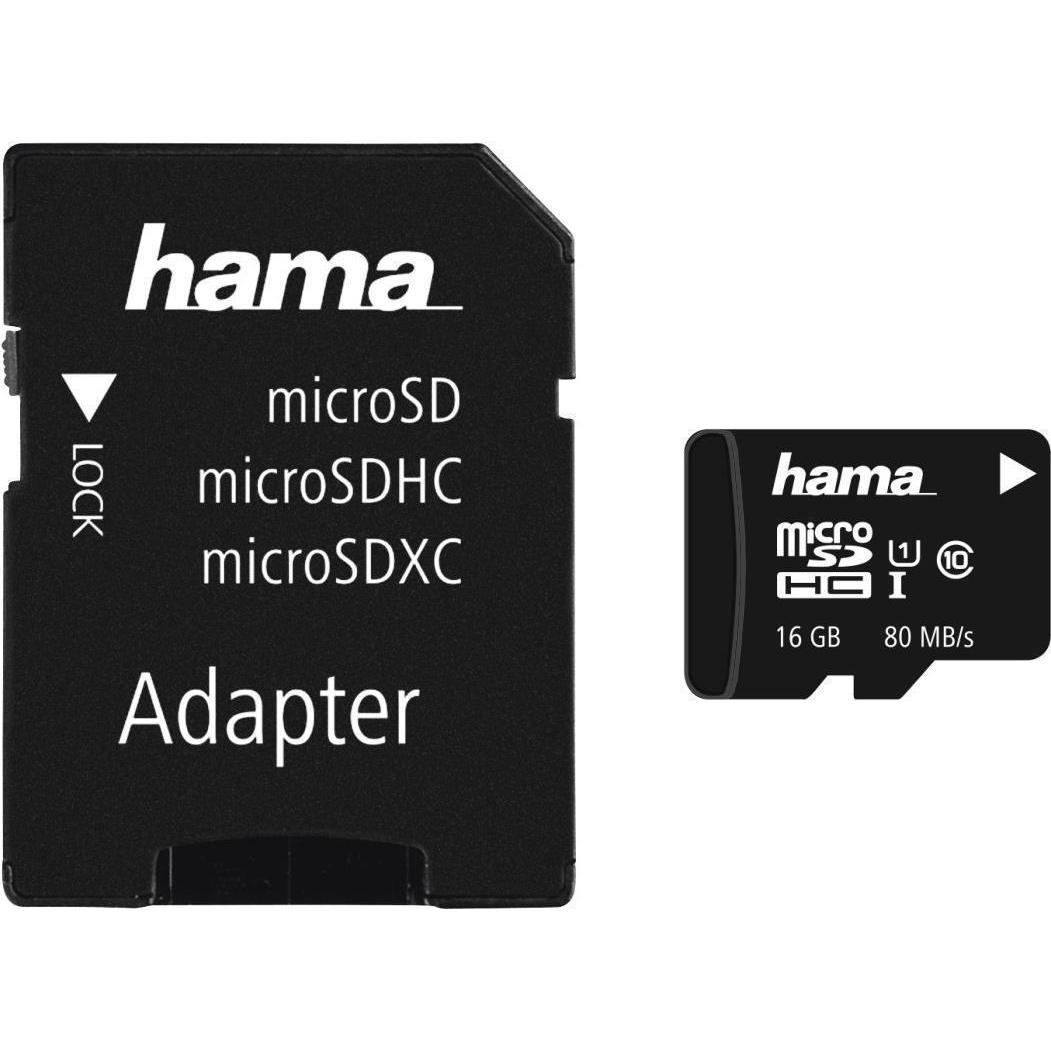 Hama microSDHC 16GB Classe 10 UHS-I 80MB/s + adattatore/foto (16 GB, microSDHC, U1, UHS-I), Scheda di memoria, Nero