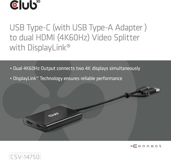 Actual product image Club 3D Club3D Adapter USB-C (USB A Adapter) > 2x HDMI 4K@60Hz St/Bu retail (HDMI, 18.50 cm)