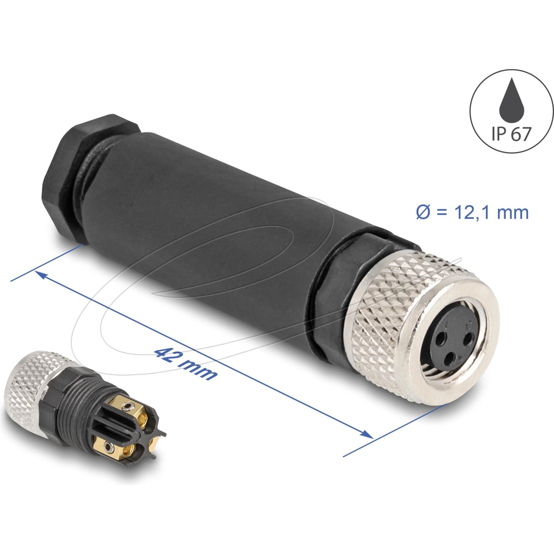 Delock Connettore a spina M8 Presa a 3 pin con codifica A per il montaggio, Cavo + Spina elettrica, Nero