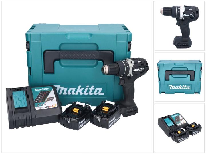 Makita DHP 484 RFJB Akku Schlagbohrschrauber 18 V 54 Nm Brushless Schwarz + 2x Akku 3,0 Ah + Ladege (Akkubetrieb)