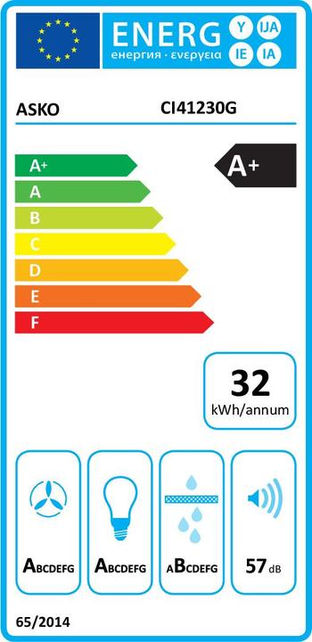 Energie-Label Asko Dunstabzugshaube ELEMENTS CI 41230G schwarzes Glas mit Perlmutt-Effekt (Inselhaube)